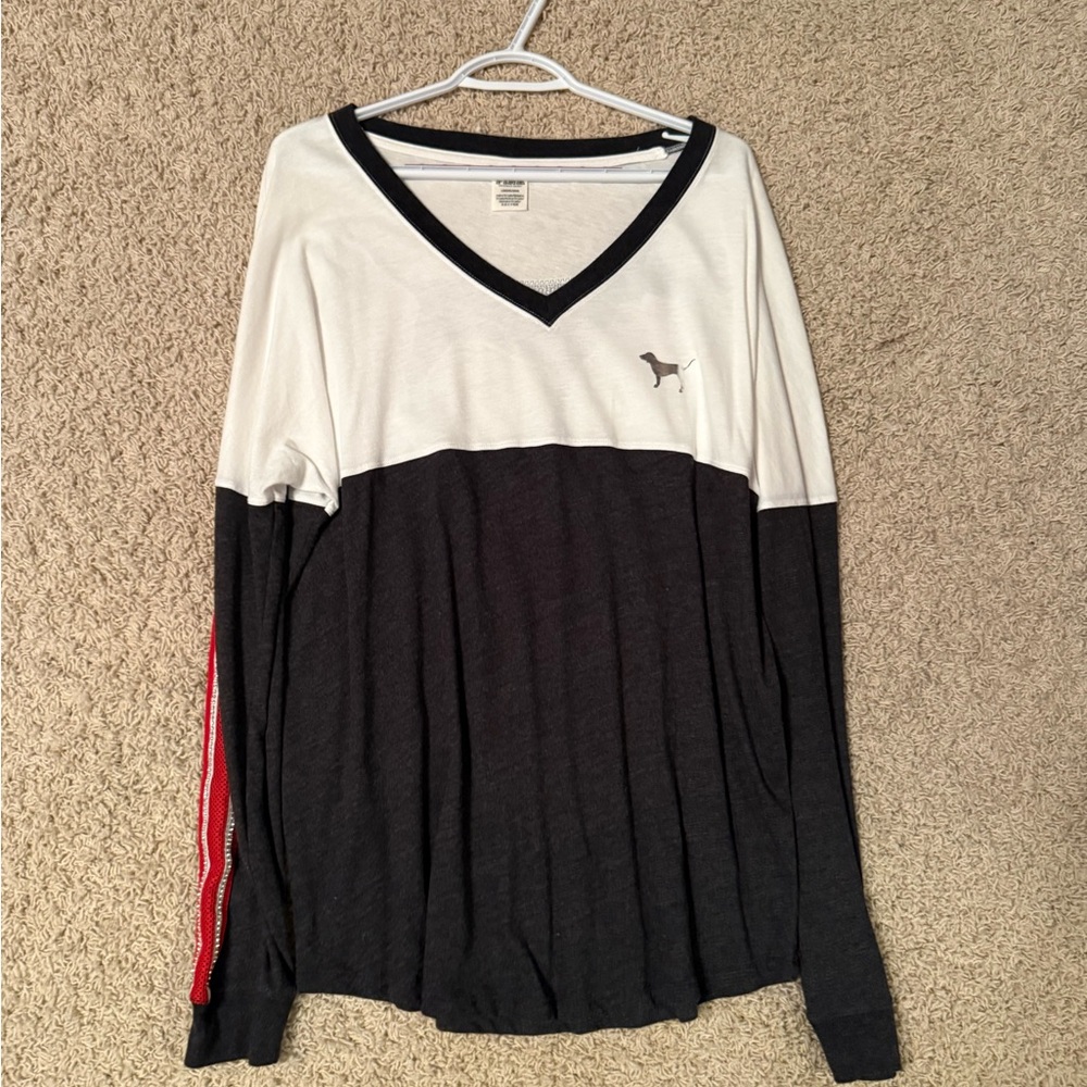 Victoria’s Secret Pink White and Grey Sparkly Dog Logo Long sleeve.
